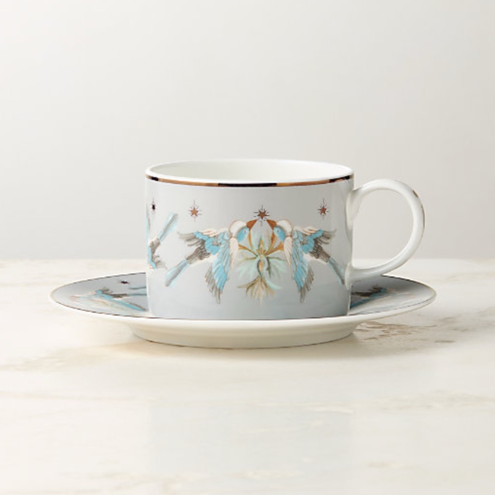 New! CB2 Elegant White and Blue Bone China Teacup with Saucer Set
